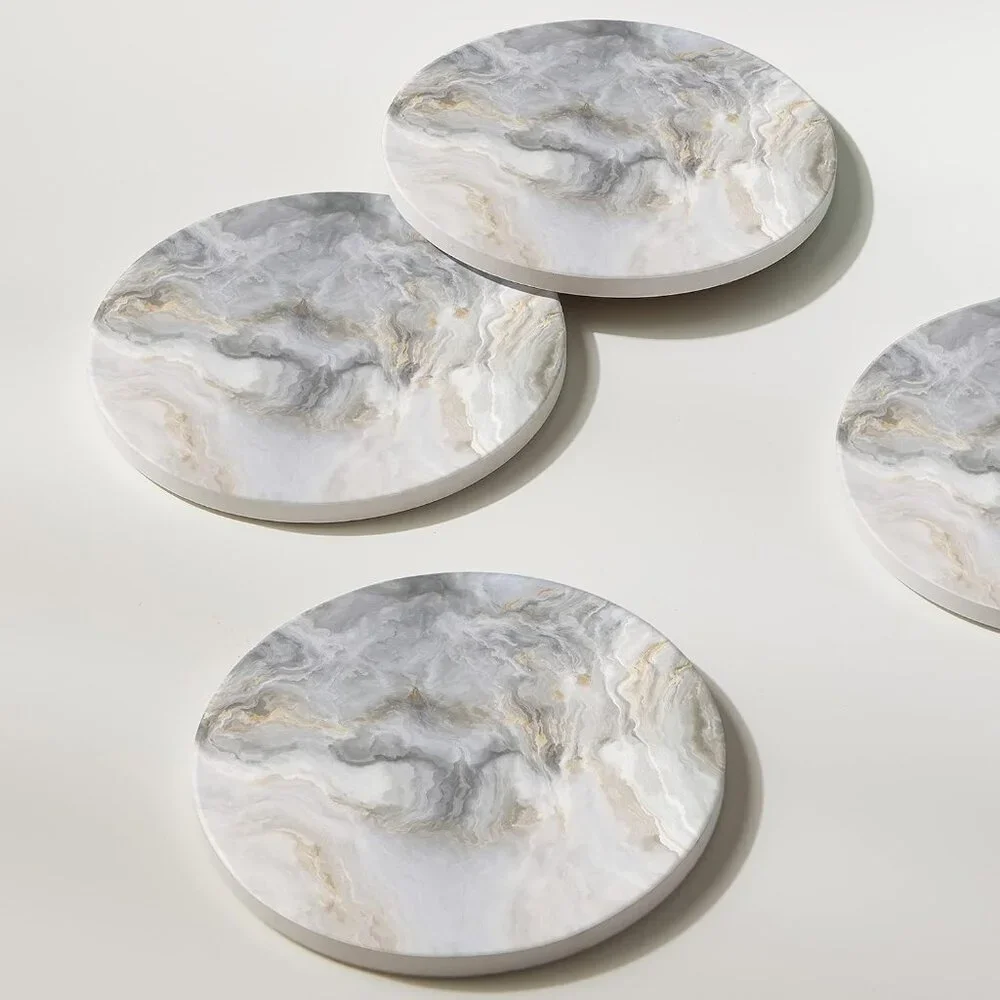 Set of 6 Abstract Gray White Marble Coasters with Holder, Absorbent Ceramic Coas